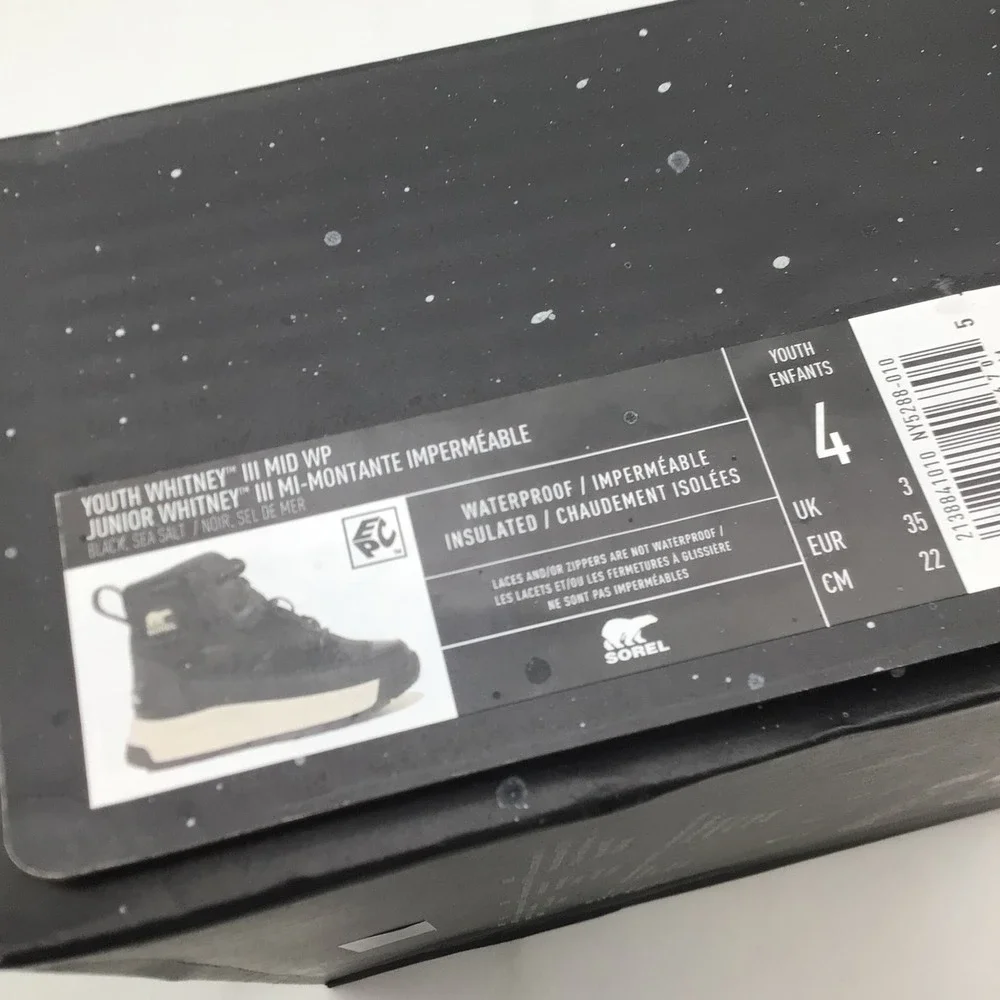 Sorel Youth Whitney III Mid WP Black Waterproof Insulated Boots Size 4 NEW